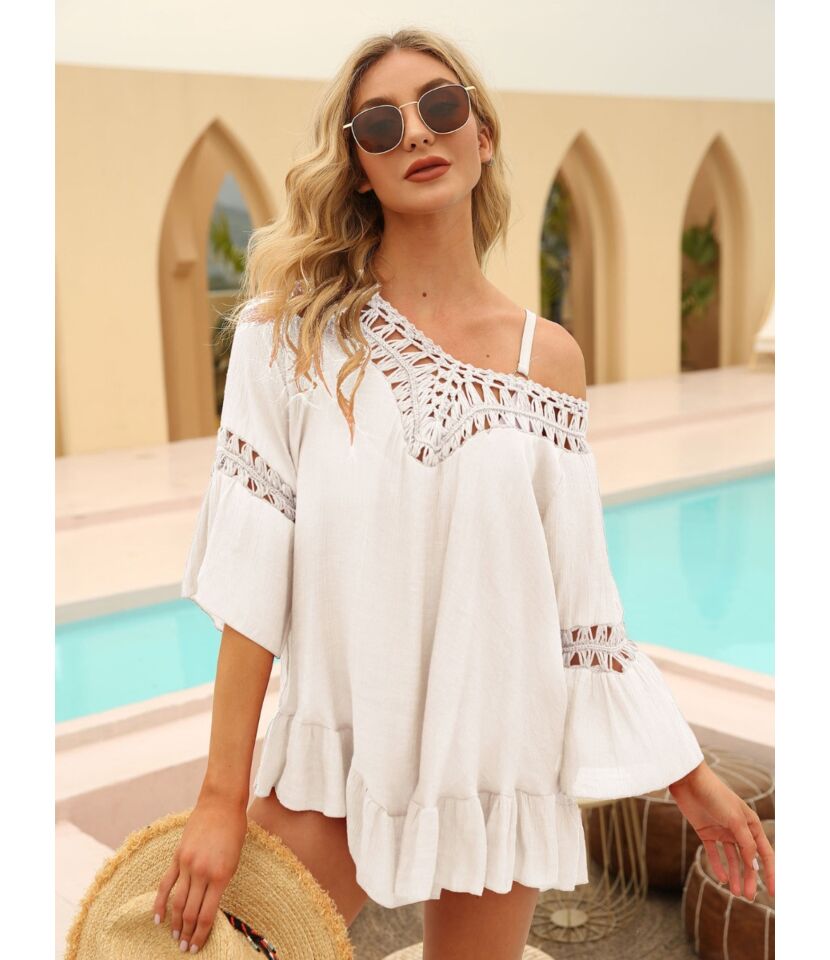 white beach dress boho Lace Bikini Coverup Robe Style Dress Deep V maxi with ruffles tiers along maxi Looking For An Affordable White